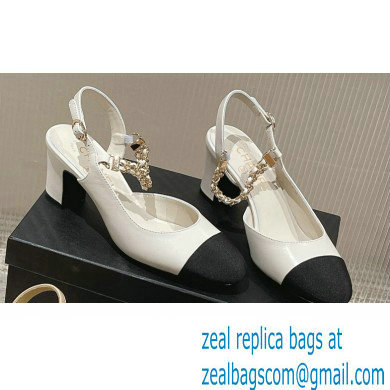 Chanel Heel 6.5cm Chain Lambskin Grosgrain & Metal Pumps Slingbacks G45092 White/Black 2023